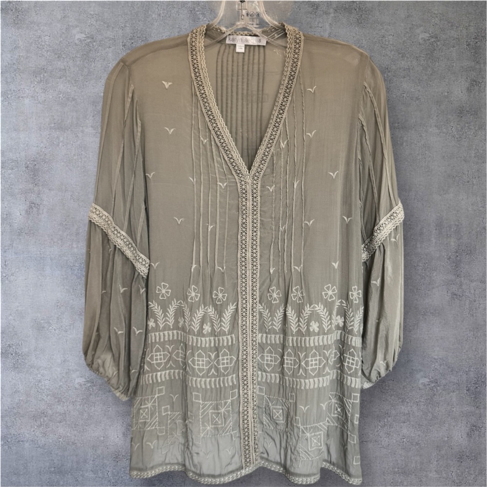 Karyn Seo Boho Embroidered Tunic Top Sage Green S Peasant Blouse